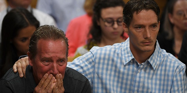 Frank Rzucek the father of Shanann Watts, left, and her brother Frankie Rzucek were in court for Christopher Watts arraignment hearing at the Weld County Courthouse on Aug. 21, 2018, in Greeley, Colorado. (Photo by RJ Sangosti/The Denver Post via Getty Images)