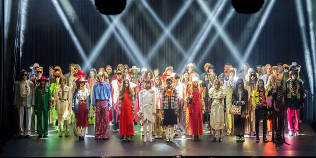 Models pose on the stage at the Gucci show during Paris Fashion Week Spring/Summer 2019 on September 24, 2018 in Paris, France. (Photo by Daniele Venturelli/Daniele Venturelli /Getty Images for Gucci )