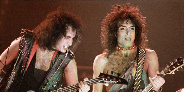 LONDON, UNITED KINGDOM - OCTOBER 23: Gene Simmons and Paul Stanley of American Heavy Metal group KISS, perform on stage on the 'Lick It Up' tour, the band's first without makeup, at Wembley Arena on October 23rd, 1983 in London, England. (Photo by Pete Still/Redferns)