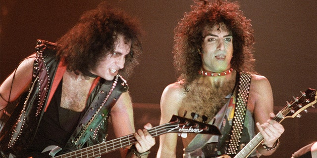 LONDON, UNITED KINGDOM - OCTOBER 23: Gene Simmons and Paul Stanley of American Heavy Metal group KISS, perform on stage on the 'Lick It Up' tour, the band's first without makeup, at Wembley Arena on October 23rd, 1983 in London, England. (Photo by Pete Still/Redferns)