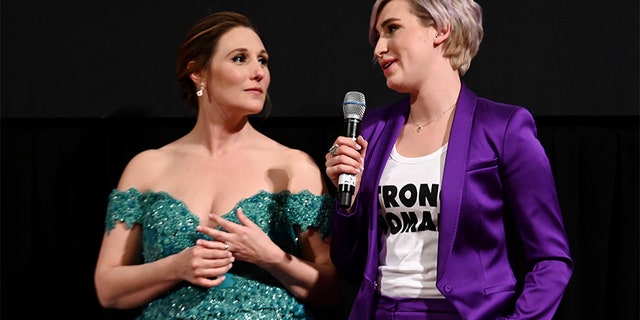 Trinea Gonczar (L) and Amanda Thomashow speak during the premiere of "At The Heart Of Gold: Inside the USA Olympics Scandal," on April 25, 2019 in New York City.