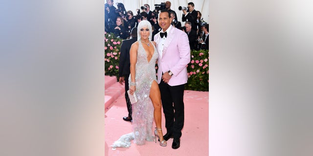 Jennifer Lopez and Alex Rodriguez pose at the 2019 Met Gala in New York City.