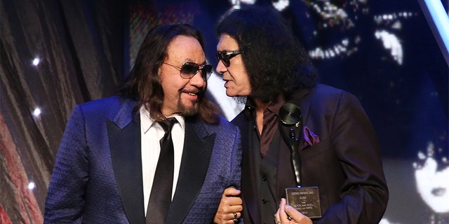 Inductees Ace Frehley and Gene Simmons of KISS speak onstage at the 29th Annual Rock And Roll Hall Of Fame Induction Ceremony at Barclays Center of Brooklyn on April 10, 2014, in New York City. (Photo by Kevin Kane/WireImage for Rock and Roll Hall of Fame)