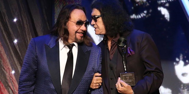 Inductees Ace Frehley and Gene Simmons of KISS speak onstage at the 29th Annual Rock And Roll Hall Of Fame Induction Ceremony at Barclays Center of Brooklyn on April 10, 2014, in New York City. (Photo by Kevin Kane/WireImage for Rock and Roll Hall of Fame)