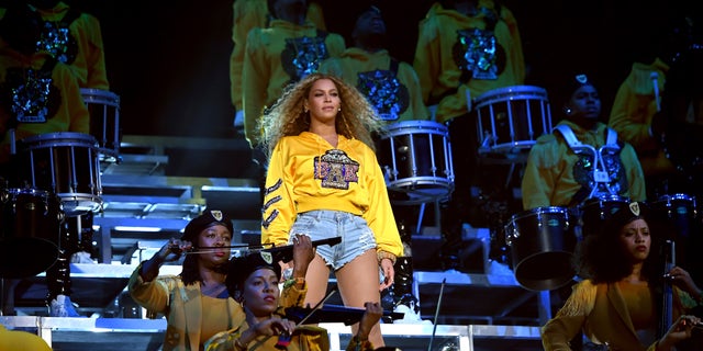 Beyoncé performing on stage at the Coachella Valley Music and Art Festival in California in 2018.