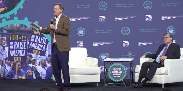 Former Colorado Gov. John Hickenlooper makes his case to union workers at the SEIU forum in Las Vegas on April 27, 2019.