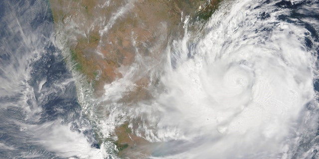 This Wednesday, May 1, 2019 photo provided by NASA shows a satellite view of Cyclone Fani.