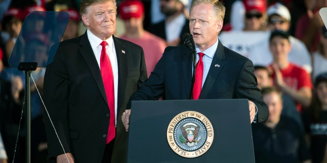 Pennsylvania Rep. Fred Keller addressing the audience at a Trump rally Monday night in Montoursville. (AP Photo/Matt Rourke)