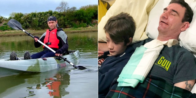 His family said that Dareen Leith, pictured left before the stroke and right with his youngest child, has used his eyes to spell out "take me home."