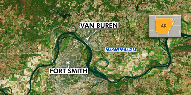 The Arkansas River separates Van Buren and Fort Smith, both close to the river