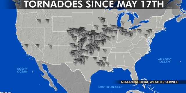 The location of tornadoes over a volatile two-week period between May 17 and May 29, 2019.