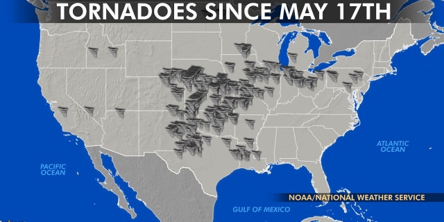 The location of tornadoes over a volatile two-week period between May 17 and May 29, 2019.