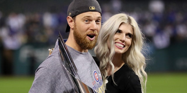 2016 World Series MVP Ben Zobrist #18 of the Chicago Cubs celebrates with his wife Julianna Zobrist after defeating the Cleveland Indians 8-7 in Game Seven of the 2016 World Series at Progressive Field on November 2, 2016 in Cleveland, Ohio. The Cubs win their first World Series in 108 years. (Photo by Ezra Shaw/Getty Images)