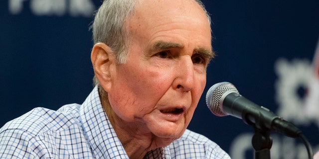 FILE - In this Aug. 7, 2017, file photo, Philadelphia Phillies Chairman David Montgomery speaks during a news conference in Philadelphia. The Philadelphia Phillies say the team's chairman has passed away after a lengthy battle with cancer. David Montgomery was 72. (AP Photo/Matt Rourke, File)