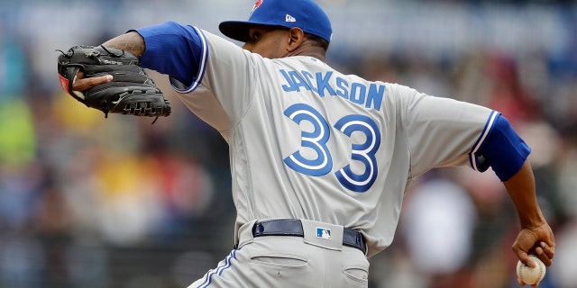 Toronto Blue Jays pitcher Edwin Jackson works against the San Francisco Giants in the first inning of a baseball game Wednesday, May 15, 2019, in San Francisco. (AP Photo/Ben Margot)