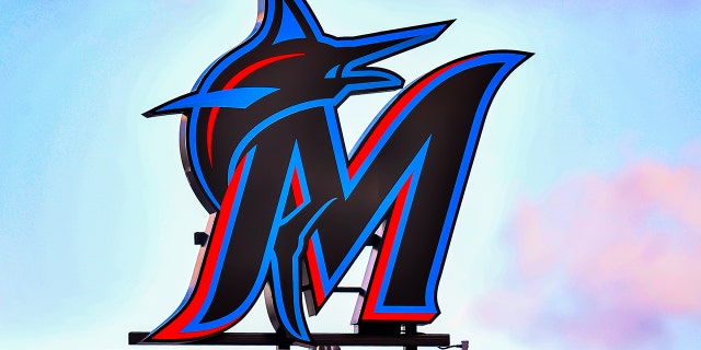 MIAMI, FL - APRIL 17: A detailed view of the new Marlins logo at Marlins Park on April 17, 2019 in Miami, Florida.