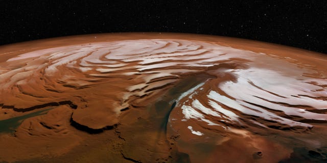 A vertically exaggerated view of Mars’ north polar cap.