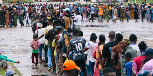 Locals in Guinea line up ahead of a Mercy Ships medical screening.