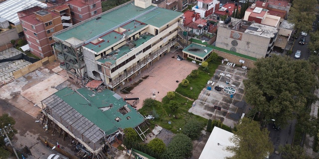 Overhead view of buildings damaged in the September 2017 earthquake at the Enrique Rebsamen School, where 26 people were killed when the buildings collapsed, in Mexico City.