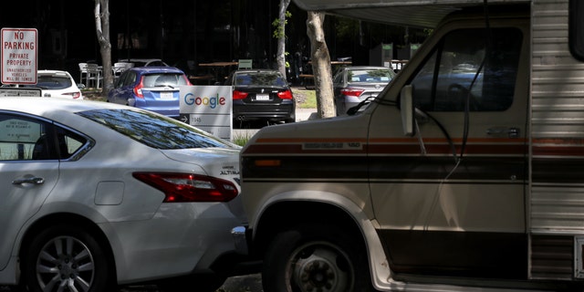 An RV sits parked next to Google headquarters on May 22, 2019 in Mountain View, California.