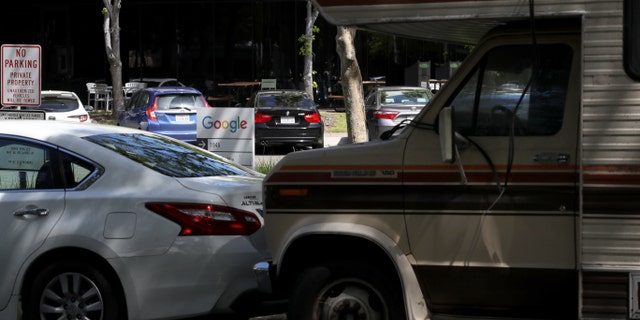 An RV sits parked next to Google headquarters on May 22, 2019 in Mountain View, California.