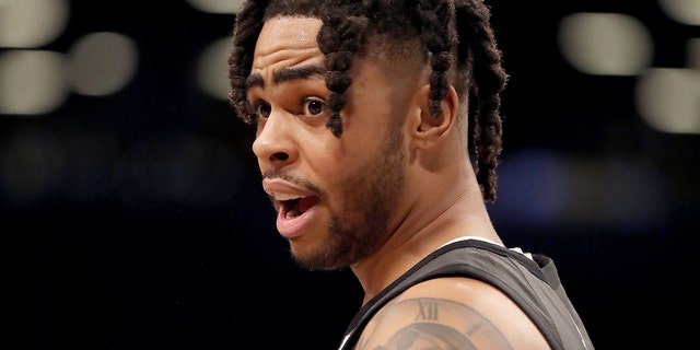 D'Angelo Russell #1 of the Brooklyn Nets reacts in the second half against the Philadelphia 76ers at Barclays Center on April 20, 2019 in the Brooklyn borough of New York City. (Photo by Elsa/Getty Images)