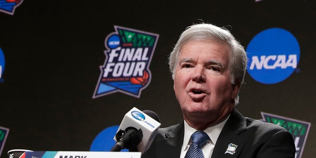 NCAA President Mark Emmert answers questions at a news conference at the Final Four college basketball tournament in Minneapolis on April 4, 2019. (AP Photo/Matt York, File)