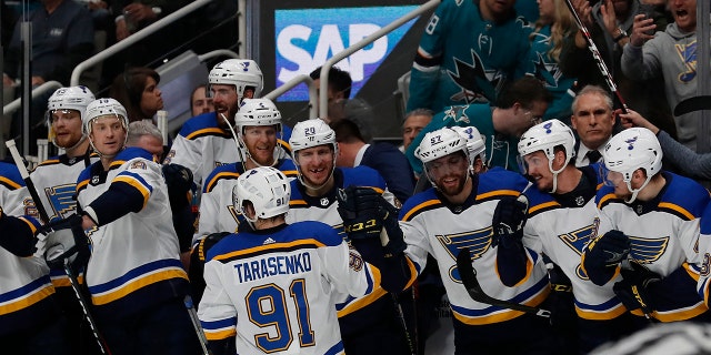 St. Louis Blues' Vladimir Tarasenko (91) celebrates a goal with the bench in the second period in Game 5 of the NHL hockey Stanley Cup Western Conference finals against the San Jose Sharks in San Jose, Calif., on Sunday, May 19, 2019. (AP Photo/Josie Lepe)