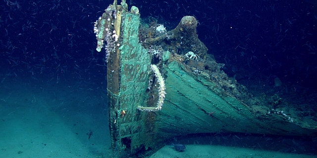 A close-up view of the shipwreck's bow.