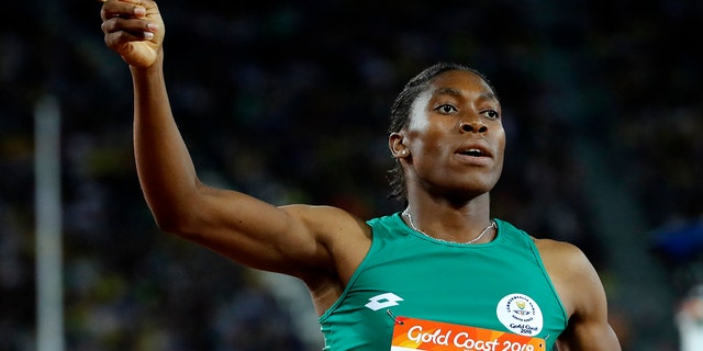 Caster Semenya celebrates after winning the woman's 800m final at Carrara Stadium during the 2018 Commonwealth Games on the Gold Coast, Australia. 