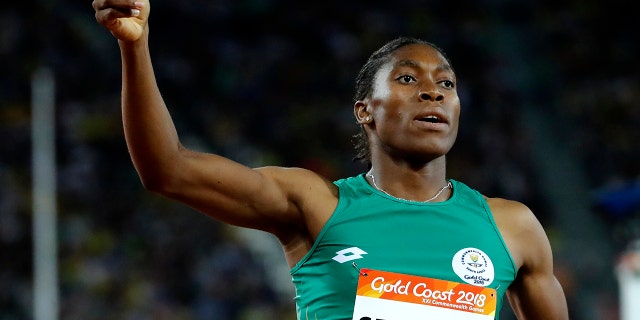 Caster Semenya celebrates after winning the woman's 800m final at Carrara Stadium during the 2018 Commonwealth Games on the Gold Coast, Australia.