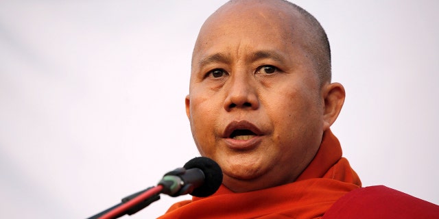 Myanmar Buddhist monk Wirathu speaks at a rally against constitution change in Yangon, Myanmar, May 5, 2019.
