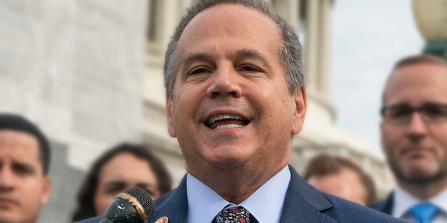 Rep. David Cicilline, D-R.I., joined at right by Chad Griffin, president of the Human Rights Campaign at the Capitol in Washington, Friday, May 17, 2019.