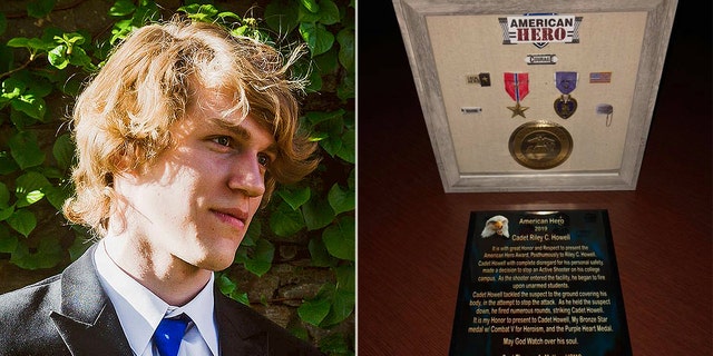 Riley Howell, 21, was posthumously awarded a Purple Heart and a Bronze Star after he tackled a gunman at the University of North Carolina at Charlotte in April.