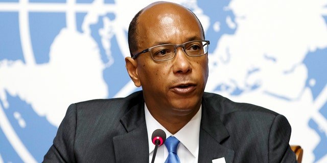 U.S. Disarmament Ambassador Robert Wood addresses the media during a press conference after leaving the Conference on Disarmament in protest against the presidency of Venezuela of the Conference on Disarmament at the European headquarters of the United Nations in Geneva, Switzerland, Tuesday, May 28, 2019. (Salvatore Di Nolfi/Keystone via AP)