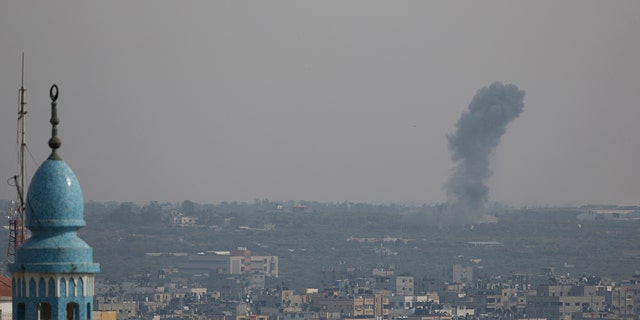 Smoke rises from an explosion after an Israeli airstrike in Gaza City, Sunday, May 5, 2019. The Israeli military said Sunday it had responded to more than 600 rockets fired from Gaza with more than 250 airstrikes against the besieged Palestinian enclave. (AP Photo/Hatem Moussa)