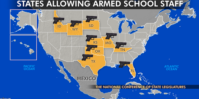 At least nine states—Idaho, Florida, Kansas, Missouri, Oklahoma, South Dakota, Tennessee, Texas and Wyoming—exempt school employees from their ban on firearms on K-12 school grounds.