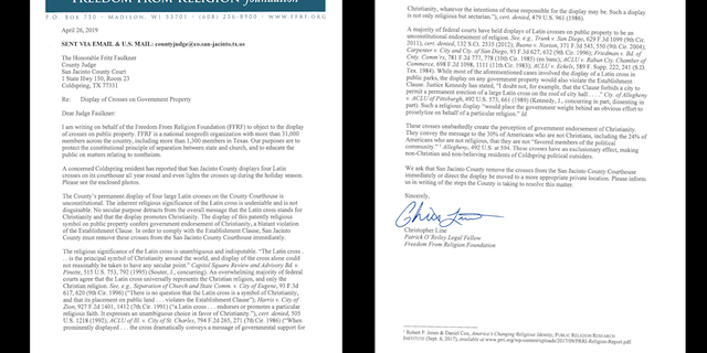 The Freedom from Religion Foundation sent this letter to San Jacinto County on April 26th. They said they sent this after receiving a complaint from a Coldspring resident about the crosses.