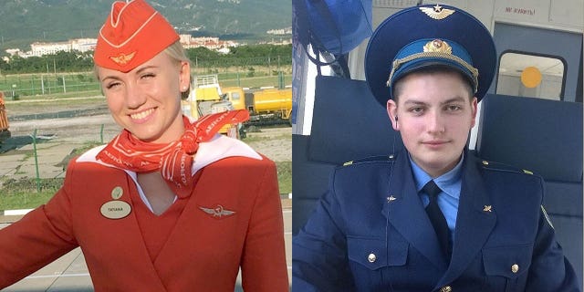 Tatyana Kasatkina (left) and Maxim Moiseev (right) are being praised for their heroic efforts to save passengers from the burning aircraft. Moiseev reportedly stayed behind, and perished in the flames.