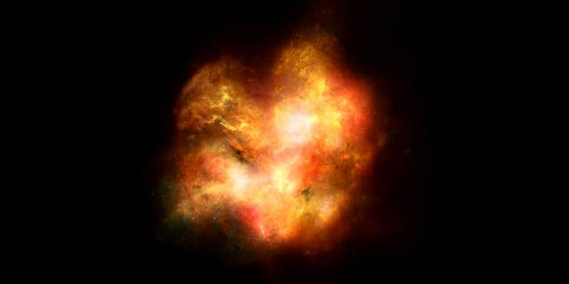 This artist's illustration shows what one of the very first galaxies in the universe might have looked like. The galaxy is largely opaque and without a clear structure, because high levels of violent star formation and star death illuminate the gas filling the space between stars.