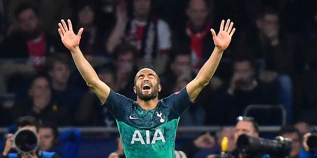 Tottenham's Lucas Moura celebrates after scoring his side's second goal during the Champions League semifinal second leg soccer match between Ajax and Tottenham Hotspur at the Johan Cruyff ArenA in Amsterdam, Netherlands, Wednesday, May 8, 2019. (AP Photo/Martin Meissner)