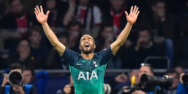 Tottenham's Lucas Moura celebrates after scoring his side's second goal during the Champions League semifinal second leg soccer match between Ajax and Tottenham Hotspur at the Johan Cruyff ArenA in Amsterdam, Netherlands, Wednesday, May 8, 2019. (AP Photo/Martin Meissner)