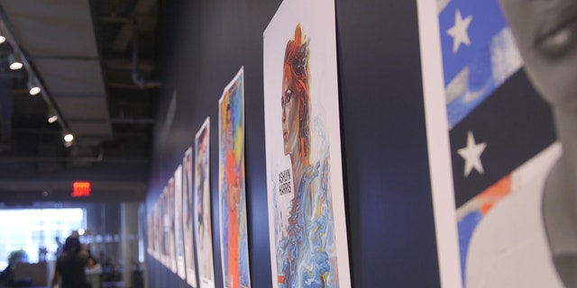 Posters of a U.S. Women's National Team register during a media day during a Twitter offices in New York City.