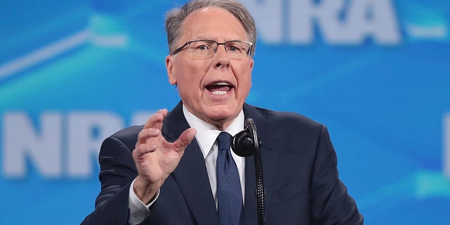 Wayne LaPierre speaks in Indianapolis, April 26, 2019. 