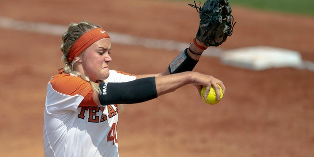 Texas pitcher Miranda Elish (40) prepares to throw a pitch against Houston during an NCAA college softball tournament Austin Regional game Sunday, May 19, 2019, in Austin, Texas. (Associated Press)