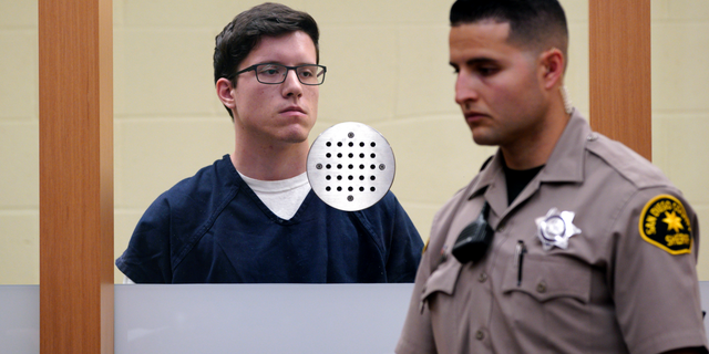 FILE - In this April 30, 2019 file photo John T. Earnest appears for his arraignment hearing in San Diego. Federal officials announced Thursday, May 9, 2019, that they have filed 109 hate crime charges against Earnest accused of opening fire in a Southern California synagogue on April 27, the last day of Passover, a major Jewish holiday. (Nelvin C. Cepeda/The San Diego Union-Tribune via AP, Pool, File)