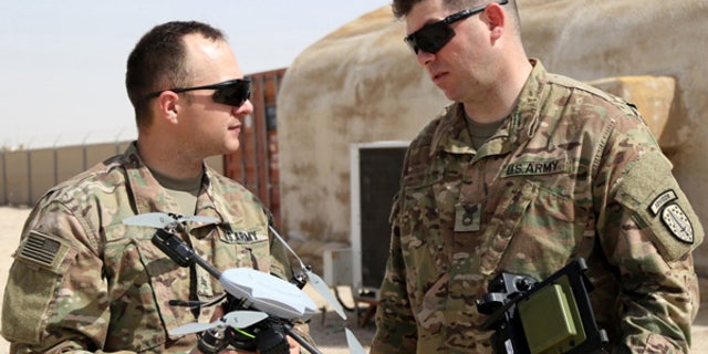 Soldiers conduct training with the Instanteye quadcopter. (Courtesy U.S. Army)