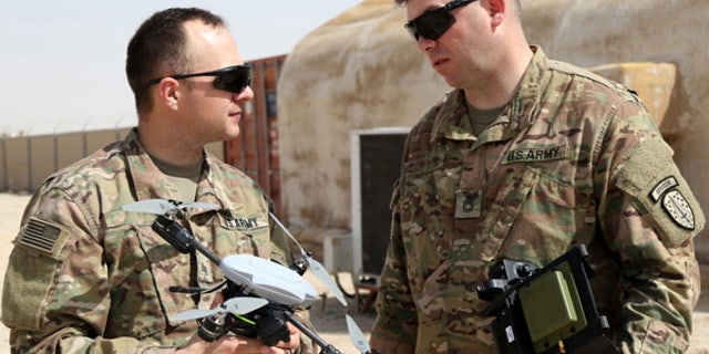 Soldiers conduct training with the Instanteye quadcopter. (Courtesy U.S. Army)