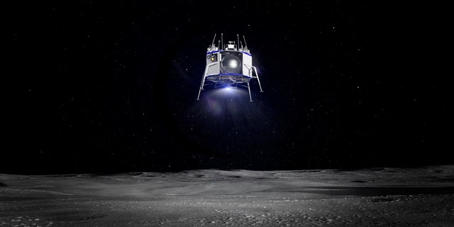 Blue Origin's Blue Moon spacecraft descends to the lunar surface in this still from a mission simulation.