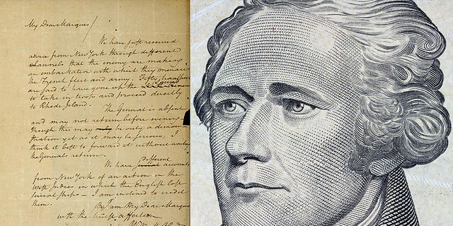 The image to the left shows a letter from Alexander Hamilton dated 1780 addressed to the Marquis de Lafayette, stolen from the Massachusetts Archives several decades ago.